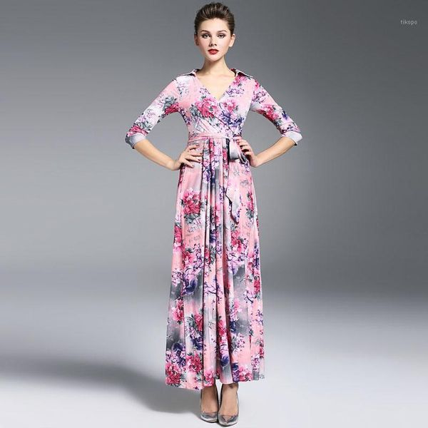 

luxury 2020 designer runway maxi dress spring women 3/4 sleeve vintage floral printed long wrap dress1, Black;gray
