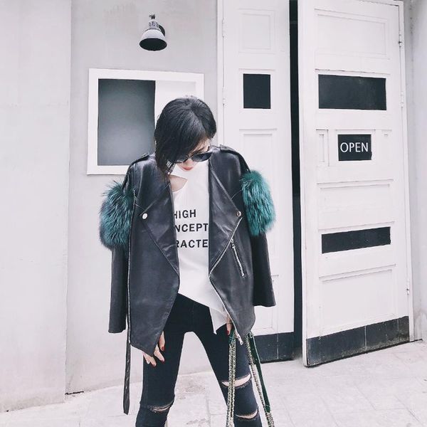 

women's fur & faux 2021 autumn ladies cool design sheep leather jacket with real decoration streetwear, Black