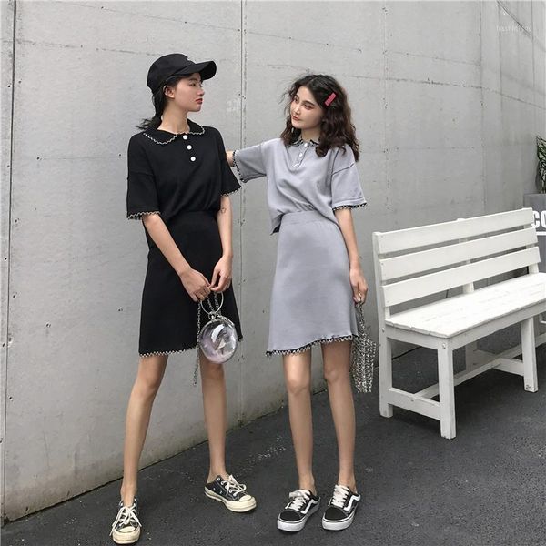 

summer robe femme2019 new korean chic single-breasted slim short-sleeved t-shirt female high waist short skirt two-piece1, White