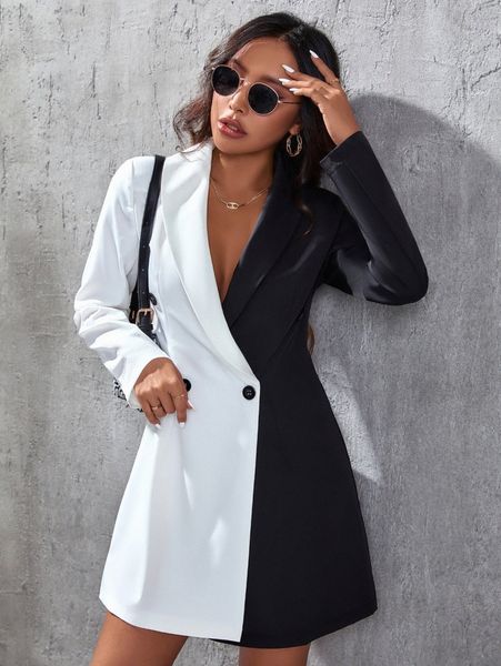 

two tone double button blazer dress r8pz#, White;black