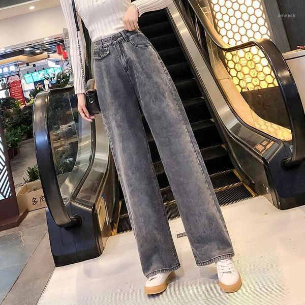 

women loose straight high waist wide leg jeans trousers fashion ladies vintage simple blue gray cotton casual denim pants1