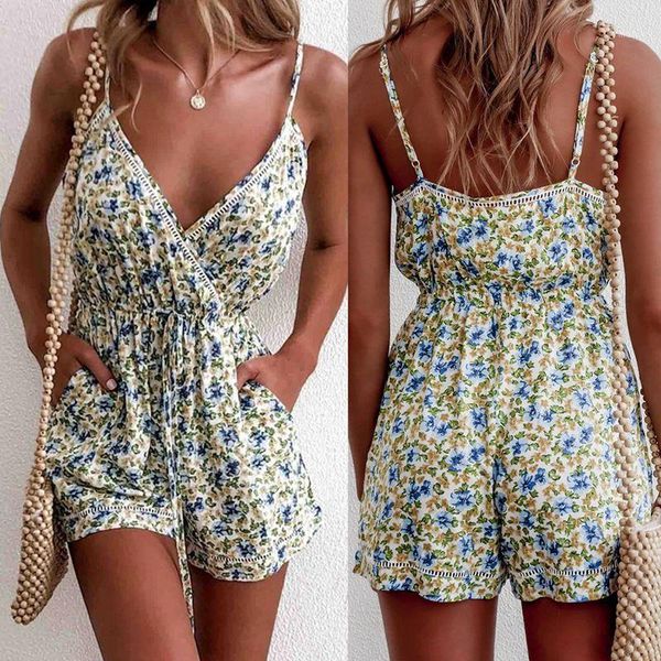 

women's v-neck floral print bodysuit and rompers suspenders sleeveless shorts jumpsuit backless playsuit conjoined pants1, Black;white