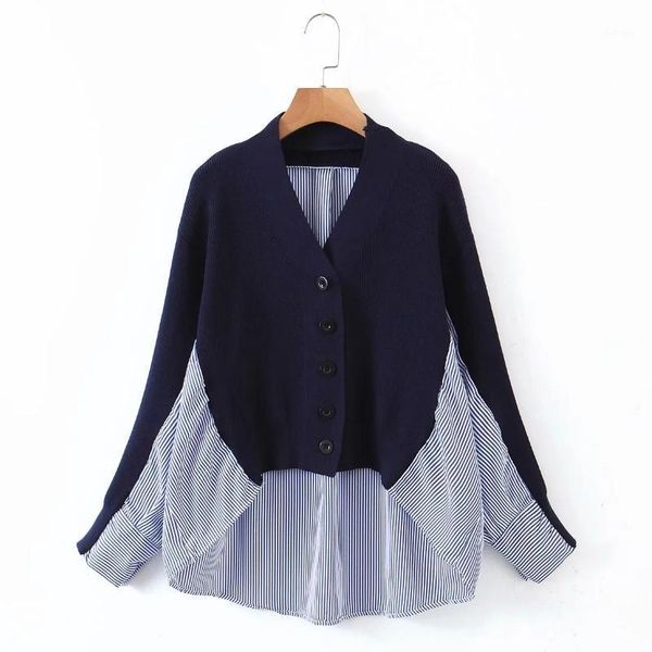 

autumn women knitting splicing striped shirts female v neck long sleeve blouses casual lady loose blusas s82031, White