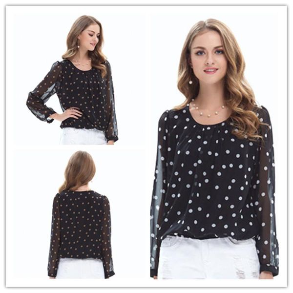

fashion translucent long sleeve polka dot o-neck sweet women chiffon shirt mujer verano dames blouse camicette donna tunique, White