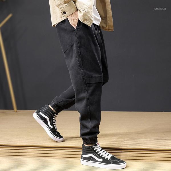 

japanese fashion men jeans loose fit casual cargo pants spliced designer harem trousers hip hop joggers pants men1, Blue