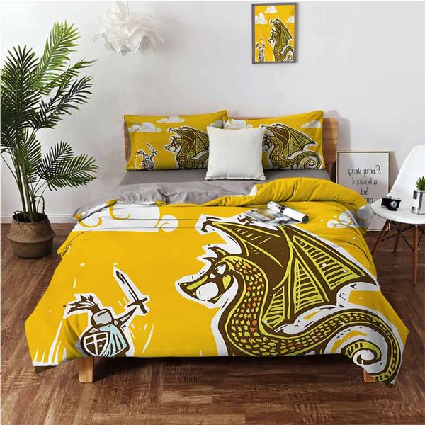 

knight with shield in steel armour against dragon with wings cartoon middle ages designbedding 3-piece set