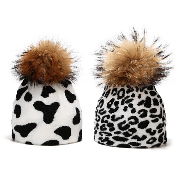 

cow leopard pattern knitted hat with fur ball cashmere beanie cap for women fashion new autumn winter women warm hat, Blue;gray