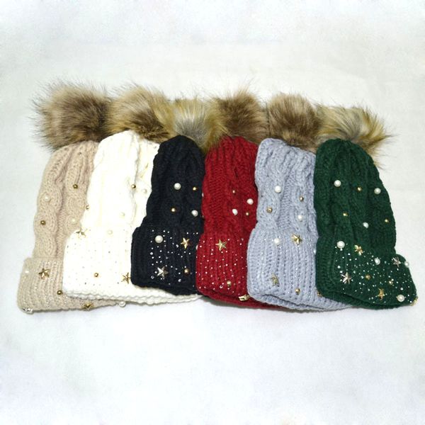 

new autumn/winter studded pearl five-point star wool hat rhinestone warmski gorros cap wool ball knitting hat lady