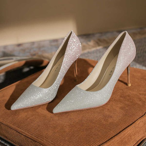 

dress shoes high heels french small heel's 2022 gradient temperament wedding shoes pointed thin heel shallow mouth single, Black