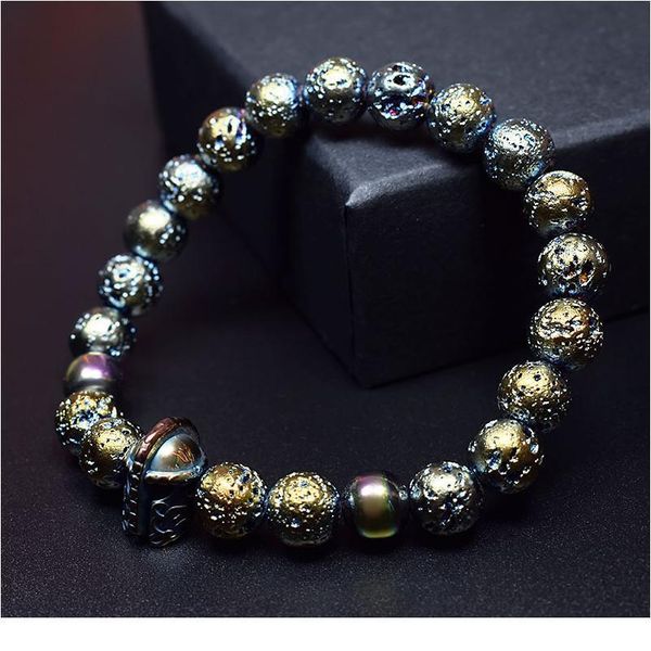 

eif dock roman knight spartan warrior gladiator helmet bracelet volcanic rock stone bead bracelet adjustable elasticity qylbpx, Black