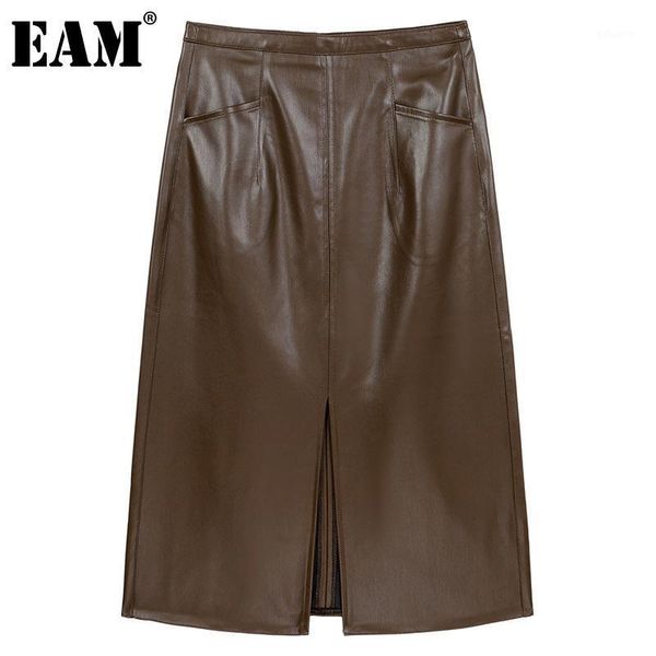 

eam] high waist brown pu leather hem vent personality half-body skirt women fashion tide new spring autumn 2021 1dd10771, Black