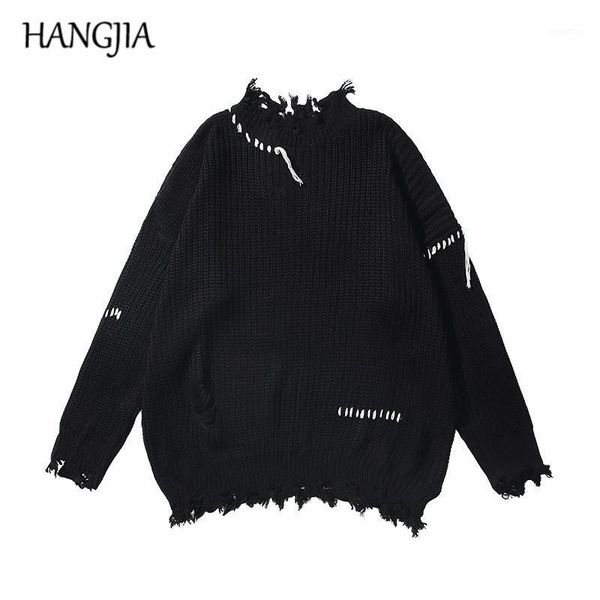 

half turtleneck sweater men's streetwear wash destroyed sweater hip hop tassels ripped knit sweaters oversize pullovers autumn1, White;black