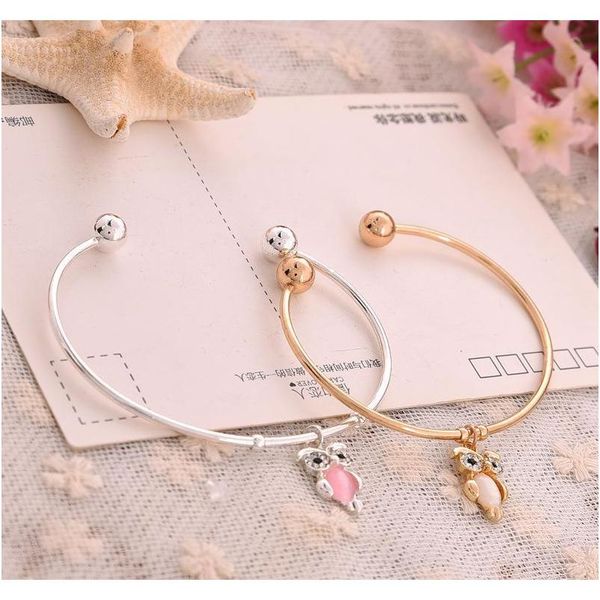 

cute cat's eye shredded crystal owl opened bracelet bangle gold and silver plated owl bangle wholesale shipping v5prs 3acck, Black
