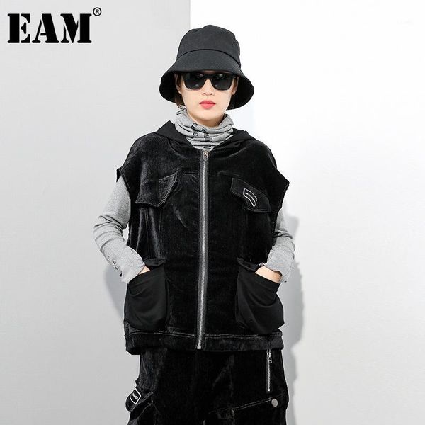 

eam] women loose fit black velvet thick warm big size vest new hooded sleeveless fashion tide spring autumn 2020 1dd00171, Black;white