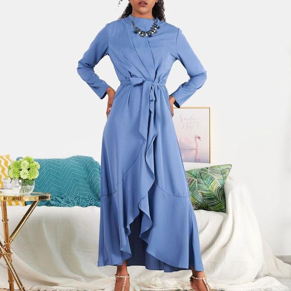 

dubai abaya 2020 muslim long dress women asymmetric ruffle party maxi dresses black high waist african long sleeve robe autumn1, Black;gray