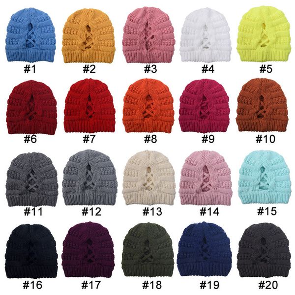 

personality criss cross ponytail hats beanies women winter high bun knitted hat outdoor skull caps party supplies party hats 20 colors, Yellow