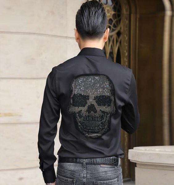 

new men diamond stone shirt long sleeve 2021 streetwear casual autumn button asian size m-4xl ktbv, White;black