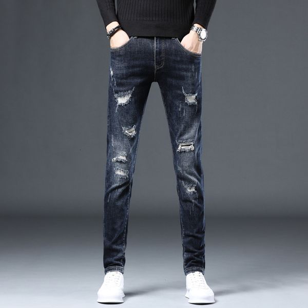 

autumn and winter new elastic leggings slim youth long pants men's jeans with holes, Blue
