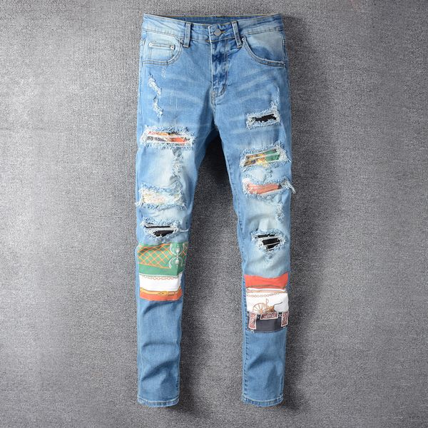 

2021 new fashion streetwear men blue color elastic slim fit ripped jeans punk trousers patches designer hip hop pants k5uv