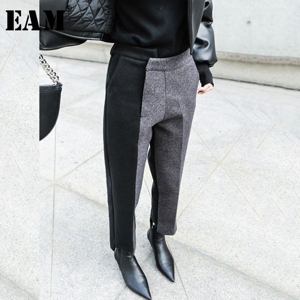 

eam] high waist gray contrast color split long trousers new loose fit pants women fashion tide spring autumn 2020 1n328 1017, Black;white
