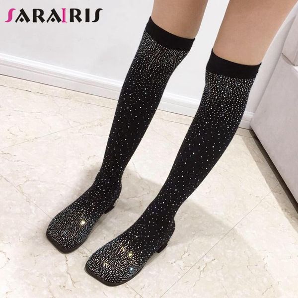 

sarairis new fashion female stretch slim boots knee high boots women autumn square toe chunky heels crystal shoes woman, Black