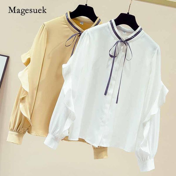

2020 autumn long sleeve chiffon blouse fashion women blouse elegant ruffled bow collar ladies shirts women feminine blusas 11164, White