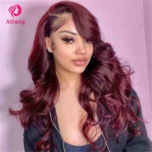 

lace wigs 13x4 frontal pre-plucked aliwig transparent brazilian body wave hu hair 99j/burgundy 180% density, Black