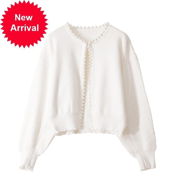 

2021 new fashion design dressed elegant autumn loose o-neck pearl long-sleeved malha cardigan furniture shirt women's clothes 8dq1, White;black