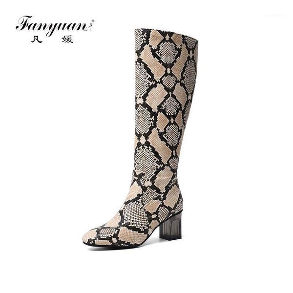 

boots fanyuan 34-48 fashion snake veins knee high women 2021 winter heels warm add fur shoes woman1, Black
