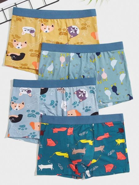 

men 4pcs random cartoon graphic contrast tape boxer brief v9hs#, Black;brown
