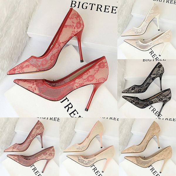 

mesh hollow lace women's high heels shoes shallow mouth pointed toe nightclub stiletto heels wedding dress shoe girl pumps, Black