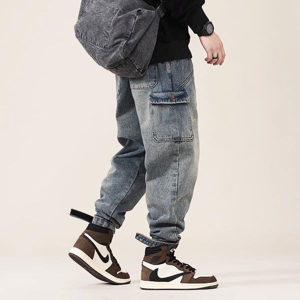 

fashion streetwear men jeans loose fit big pocket casual cargo pants hombre japanese style hip hop joggers trousers, Blue