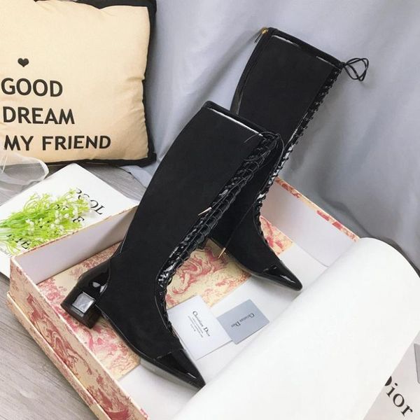 

2020 women knee high boots tassel genuine leather lace-up pointed toe fashion high heel boots fashion, Black
