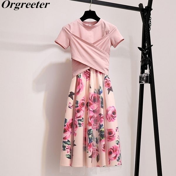 

summer women pink bowknot irregular t shirt+ print mesh skirts sets crop charming floral knee-length skirt 2 piece set y200512, White
