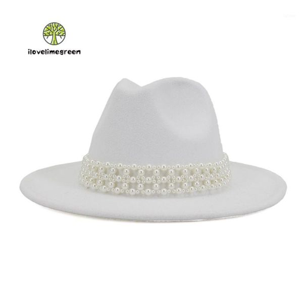 

women men british claasic fall winter fedora hat with wide brim white round beads belt jazz panama black pink red hat1, Blue;gray