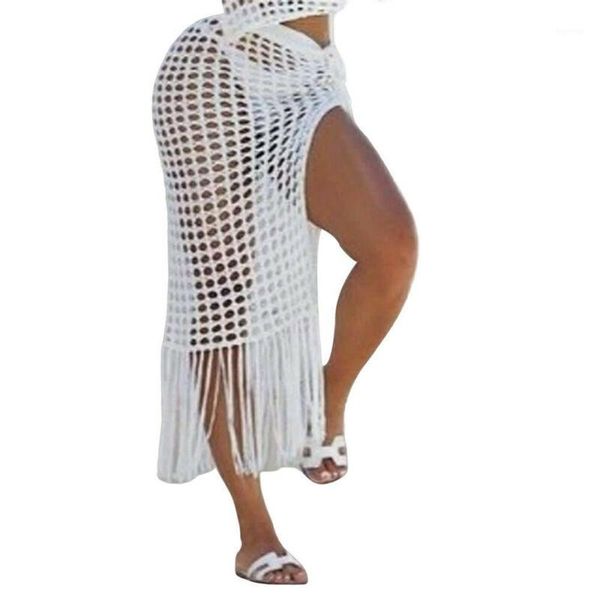 

womens fishnet mesh cover-ups tassel swimwear beach split skirt sheer bikini cover up summer holiday clothes beachwear1, White;black