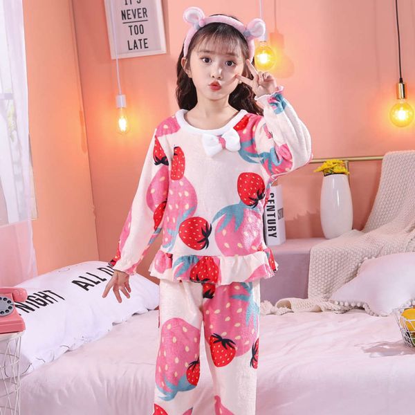 

2020 new pajamas winter girls' thickened coral veet children's flannel home suit, Blue;red