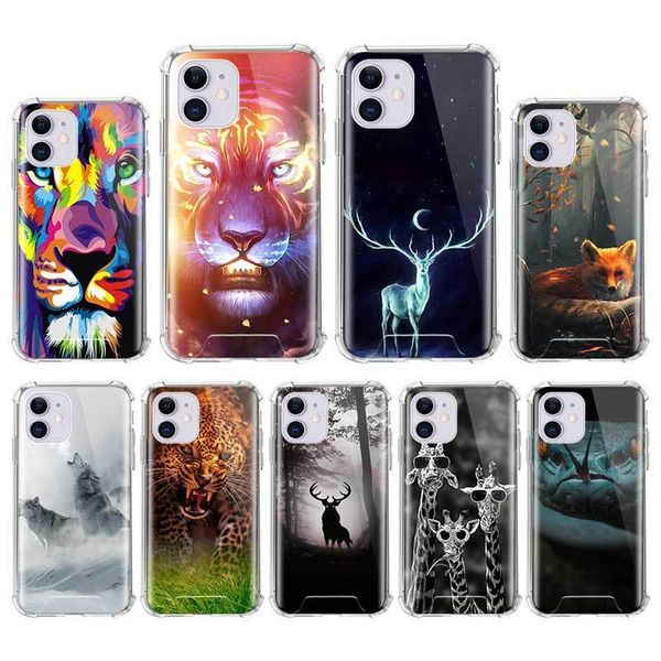 

case for iphone 12 mini 11 pro max x xs xr 7 8 6 6s plus se 2020 airbag anti fall cover mobile caso animal deer lion art
