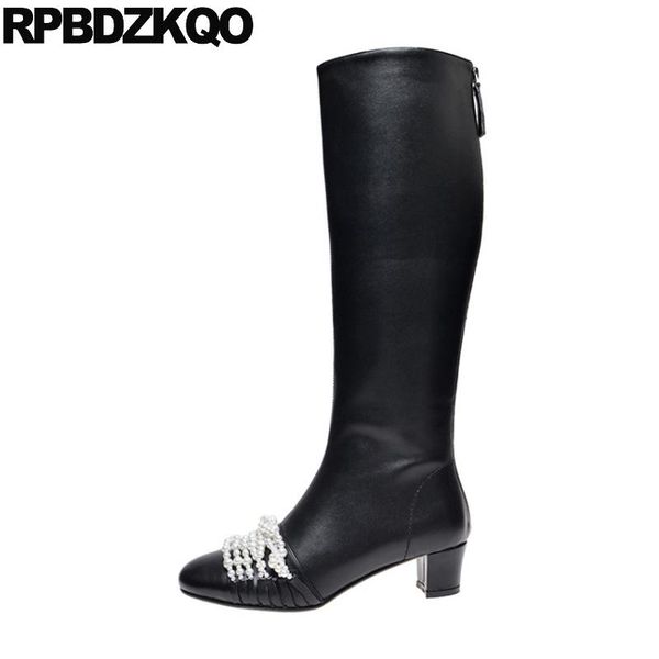 

осенние украшены сапоги круглого блок ног высоты 2020 по колену длинного черные ботинок женщины дизайнера коренастый 9 падения жемчуг, Black