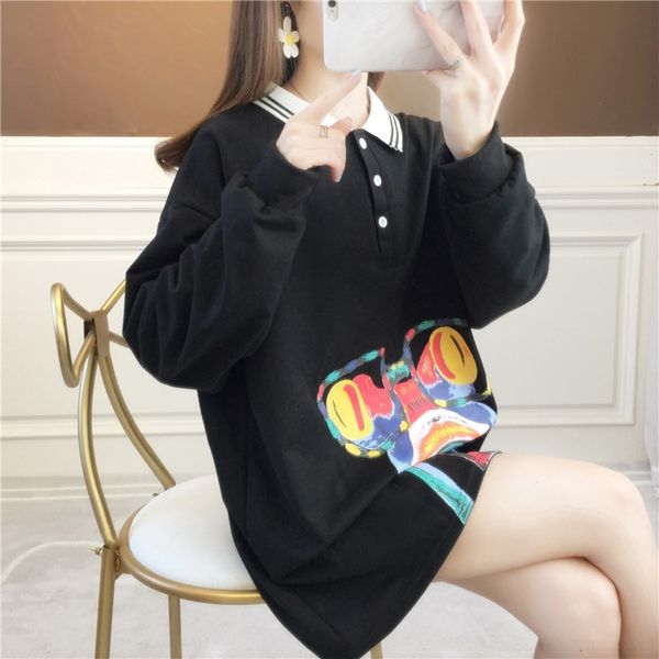 

upkdq polo collar cotton style trendy thin graffiti autumn sweatersweater women's versatile internet celebrity korean sweatercoat loo, Black
