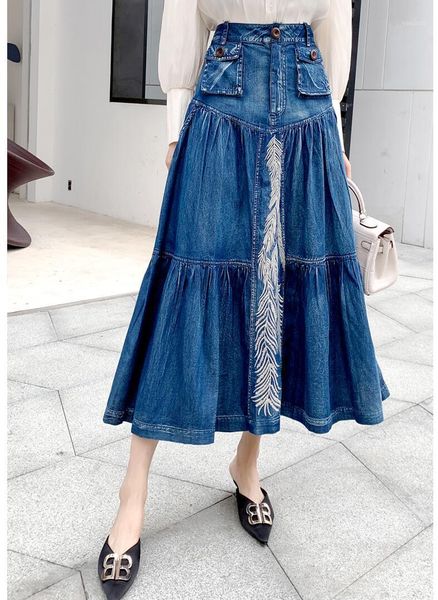 

new fashion long mid-calf denim jeans skirts for women s-xl spring autumn high waist embroidery skirts1, Black