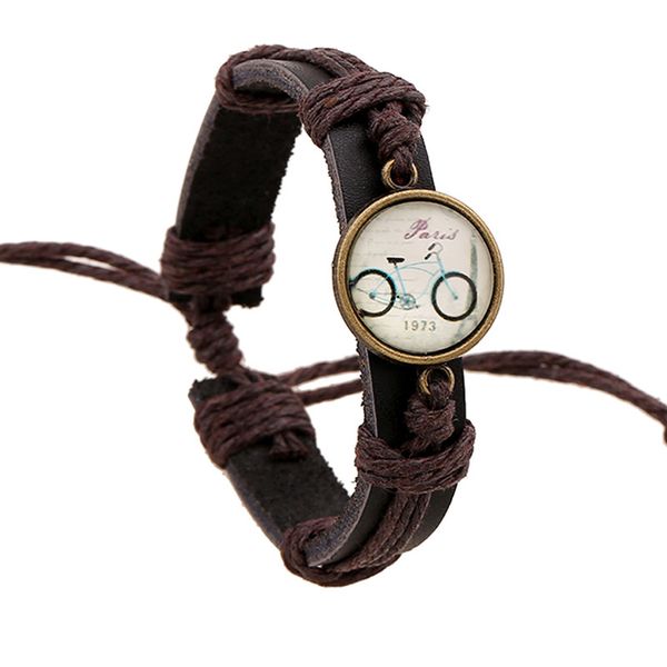 

vintage 1973 bike pattern antique bronze charm cowhide bracelets manual genuine leathe bangles women men wristbands accessories, Golden;silver