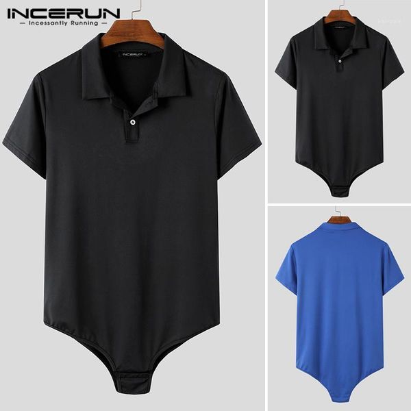 

fashion solid bodysuit shirts incerun men short sleeve lapel neck camisa fitness rompers chemise hombre buttons blusas 5xl1, White;black