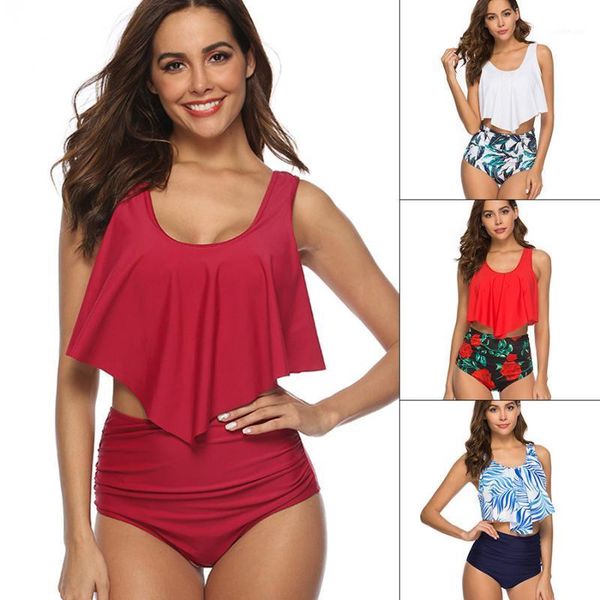 

bikini set 2020 ruffle swimwear women high waist swimsuit female solid bathing suit plus size beachwear mayo biquini1, White;black