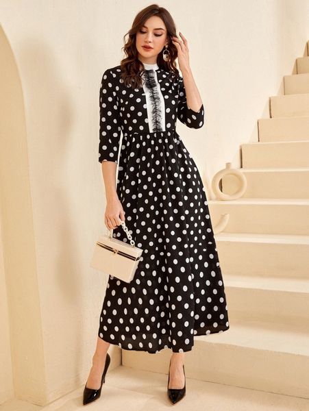 

mock neck a-line polka dot print contrast lace dress b8qz#, Black;gray