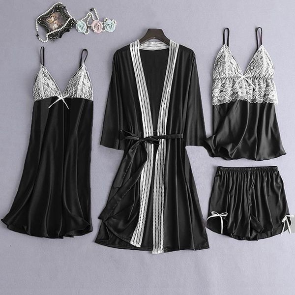 

women pajamas sets silk pajamas sleepwear sets lace homewear sleepwear 4 pieces spaghetti strap satin, Black;red