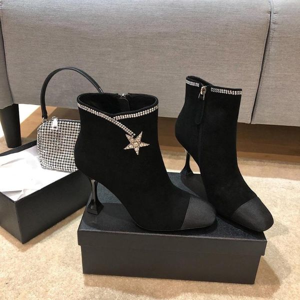 

women ankle boots thin heel with star rhinestone black zipper fashion ladies shoes luxury design zapatillas mujer 2020