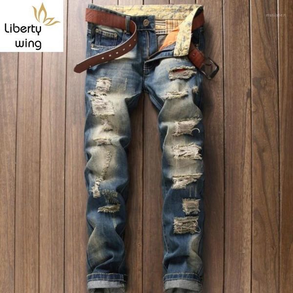 

italian style brand new fashion mens big hole ripped long trousers slim fit casual straight jeans denim pant1, Blue