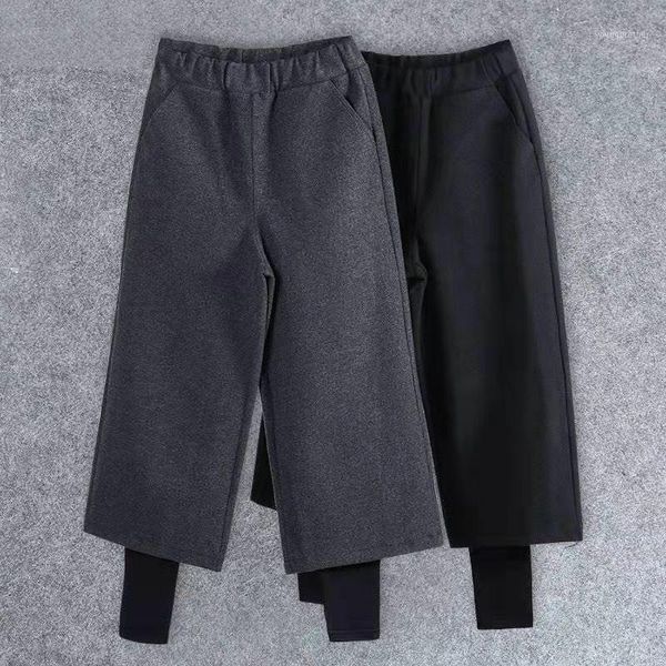 

women's pants & capris 2021 women elastic waist woolen fake two trousers thick knitted wide leg autumn winter loose y1181, Black;white