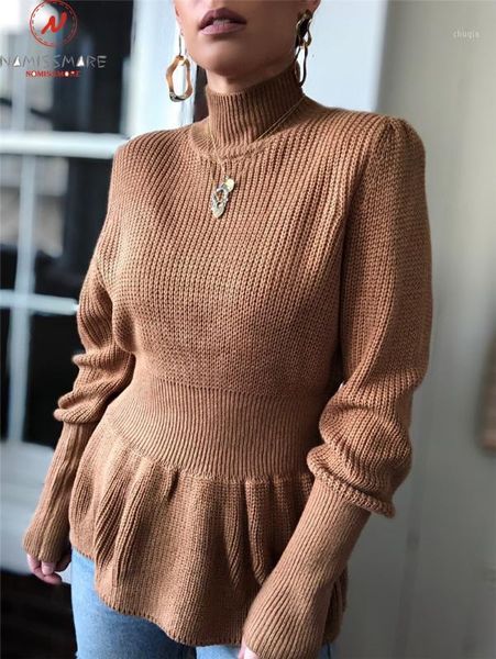 

elegant women spring autumn casual sweaters high collar flare long sleeve solid color slim pullovers knitted, White;black